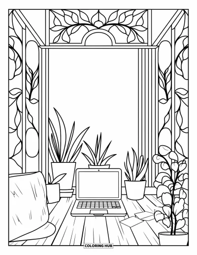 Coloriage de laptop pour adultes : Laptop sur une table avec des plantes dans un coin botanique aux bordures douces