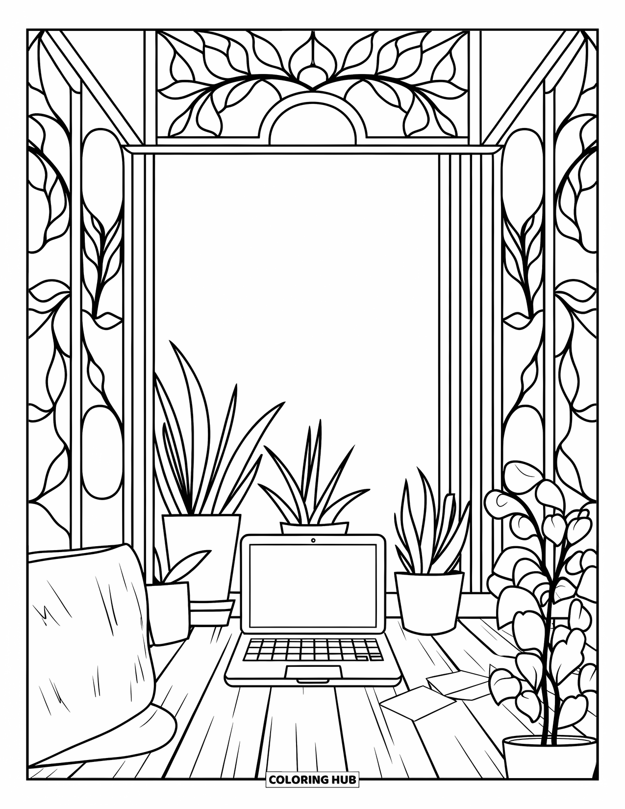Laptop Coloring Page for Adults: Laptop on a table with plants in a softly bordered botanical corner