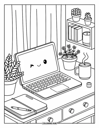 Coloriage de laptop pour adultes : Laptop sur un bureau rangé éclairé par le soleil, avec de jolies plantes et une tasse chaude