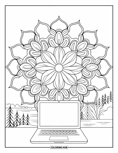 Coloriage de laptop pour adultes : Laptop sur un bureau en bois entouré d'un mandala floral et d'une vue sur la nature