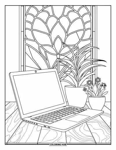 Coloriage de laptop pour adultes : Laptop sur une table en bois avec des plantes devant un mur à motifs botaniques
