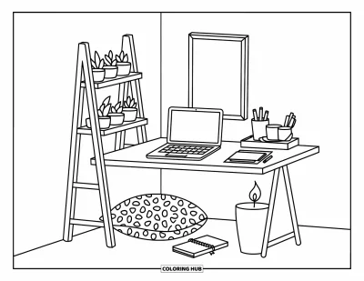 Coloriage de laptop pour adultes : Laptop sur un bureau en L avec des plantes et un coussin à motifs en dessous