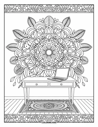 Coloriage de laptop pour adultes : Laptop sur un bureau dans un cadre de mandala floral et tapis à motifs