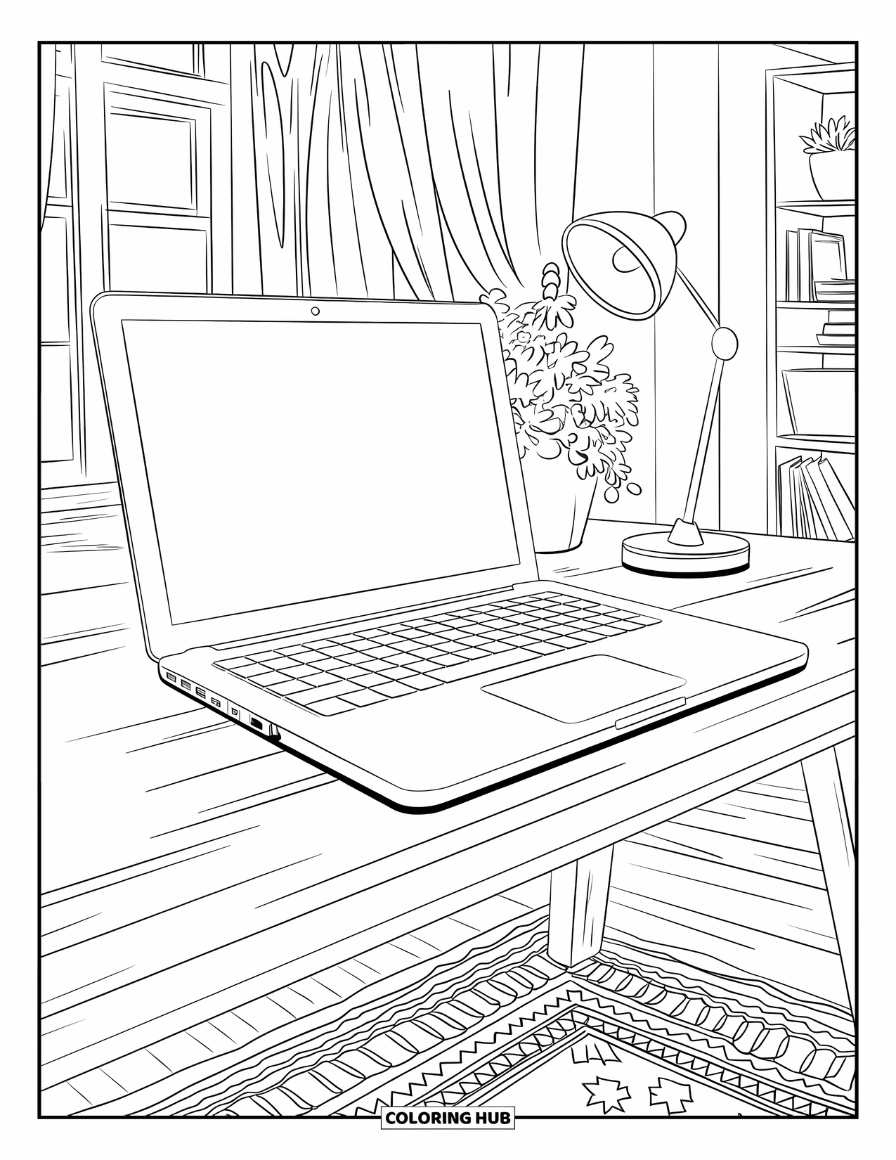 Laptop Coloring Page for Adults: Laptop setup with plant, rug, and books in a cozy, window-lit workspace