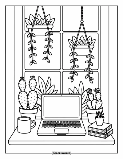 Coloriage de laptop pour adultes : Laptop posé sur le rebord d'une fenêtre entouré de plantes feuillues et de lianes suspendues
