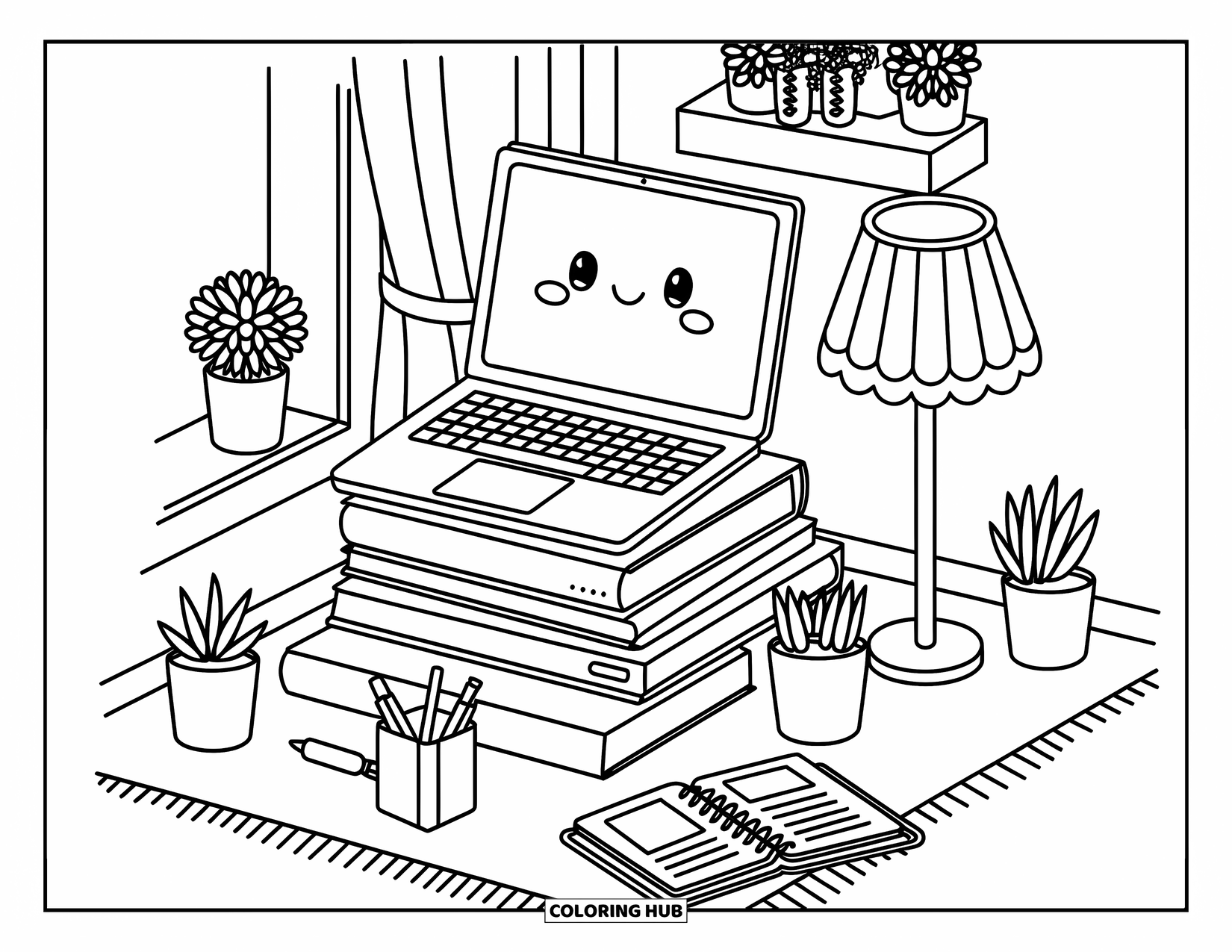Laptop Coloring Page for Adults: Laptop sits on books with plants, planner, and lamp in a cozy corner