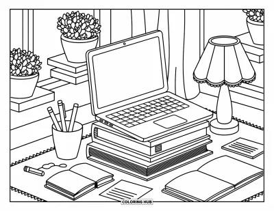 Coloriage de laptop pour adultes : Laptop posé sur des livres et des boîtes entouré de plantes en pot et de détails chaleureux