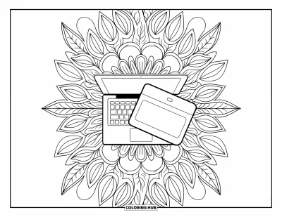 Coloriage de laptop pour adultes : Laptop avec tablette sur une surface ornée de fleurs et de feuilles