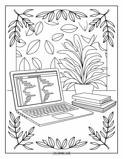 Coloriage de laptop pour adultes : Laptop avec livres et plante dans un cadre feuillu à motifs