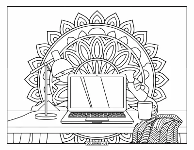 Coloriage de laptop pour adultes : Laptop avec des accessoires confortables comme une lampe et une couverture entourés d'un mandala