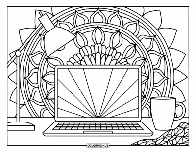 Coloriage de laptop pour adultes : Espace de travail avec laptop, lampe, tasse et couverture sur un mandala floral