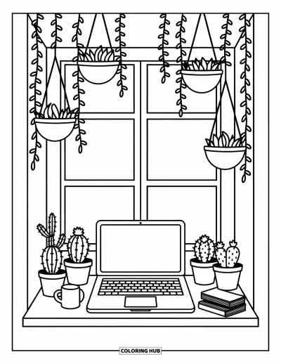 Coloriage de laptop pour adultes : Espace de travail sur le rebord d'une fenêtre avec laptop, petites plantes, pots suspendus et tasse chaude