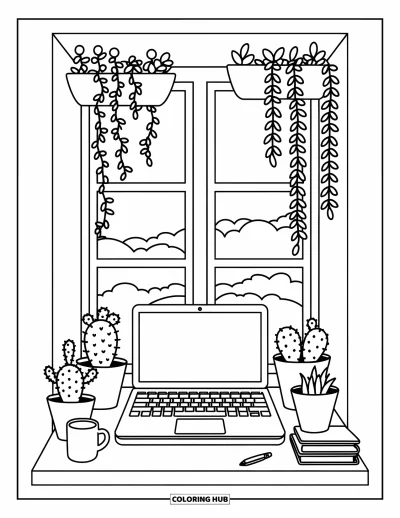 Coloriage de laptop pour adultes : Espace de travail près d'une fenêtre avec des plantes, un laptop et une tasse de thé
