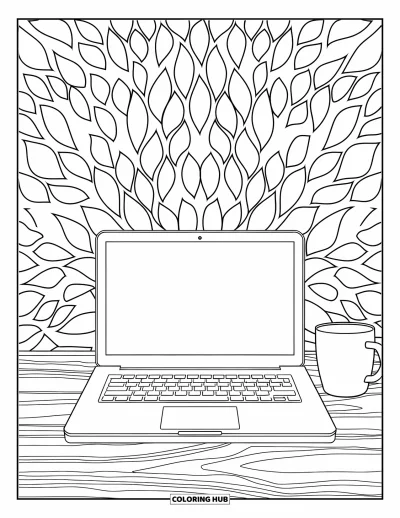 Coloriage de laptop pour adultes : Bureau en bois avec laptop fermé et tasse de café dans une bordure de feuilles