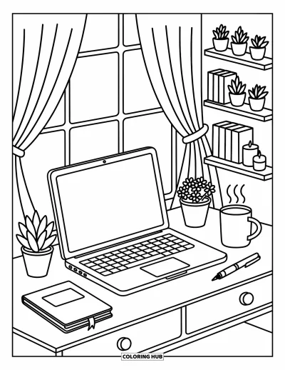 Coloriage de laptop pour adultes : Bureau en bois avec laptop, déco sur étagère et plantes en pot dans une pièce ensoleillée et paisible