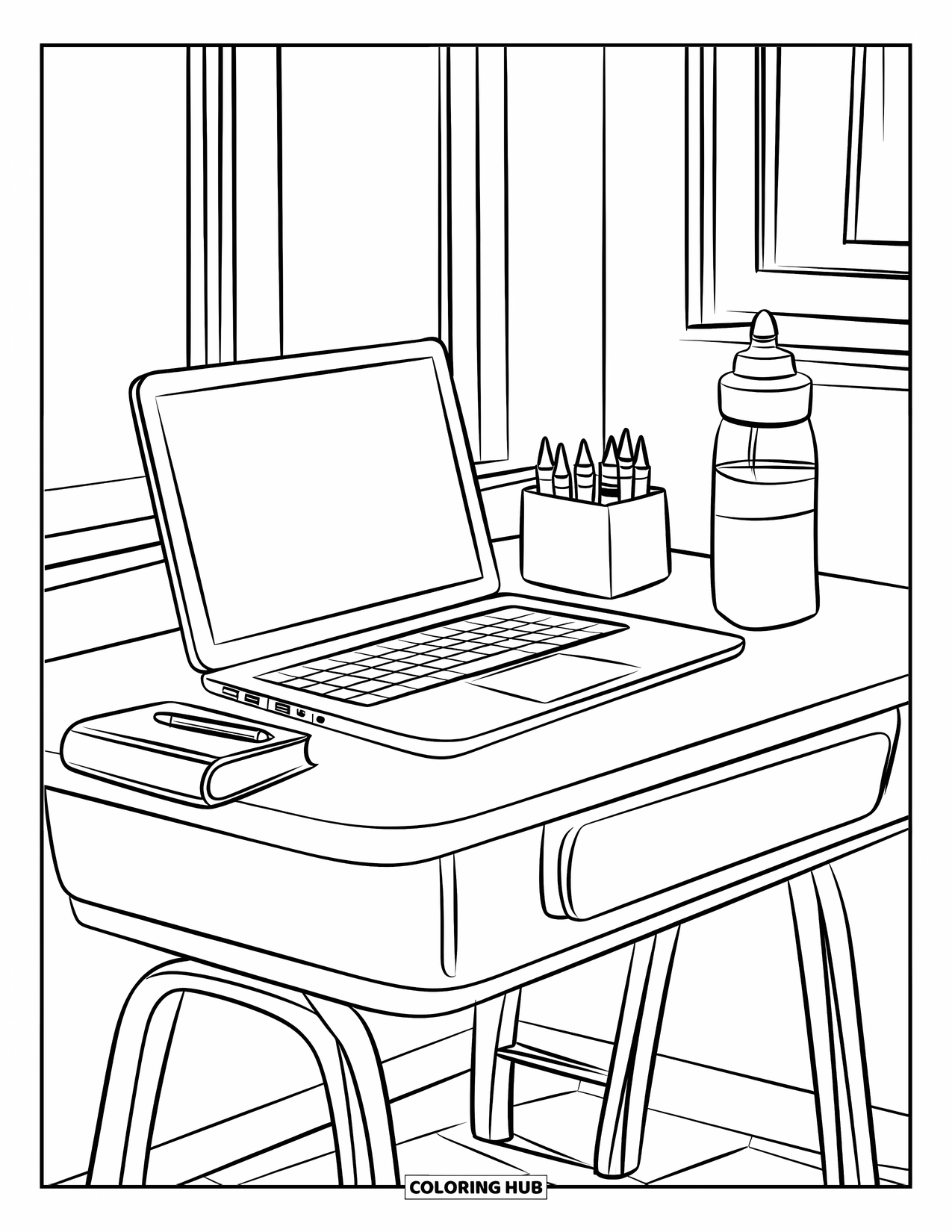 Laptop Coloring Page for Kids: A classroom corner with laptop, crayon box, and bottle under a window