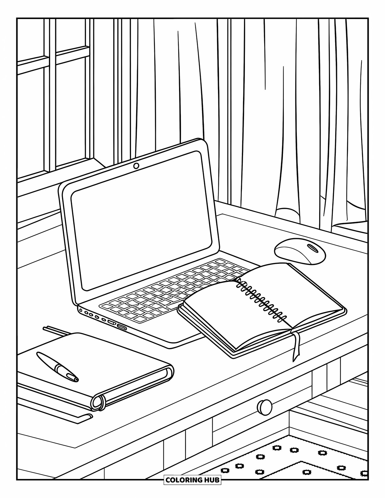 Laptop Coloring Page for Kids: A clean desk holds a laptop, notebook, and pen beside a curtained window