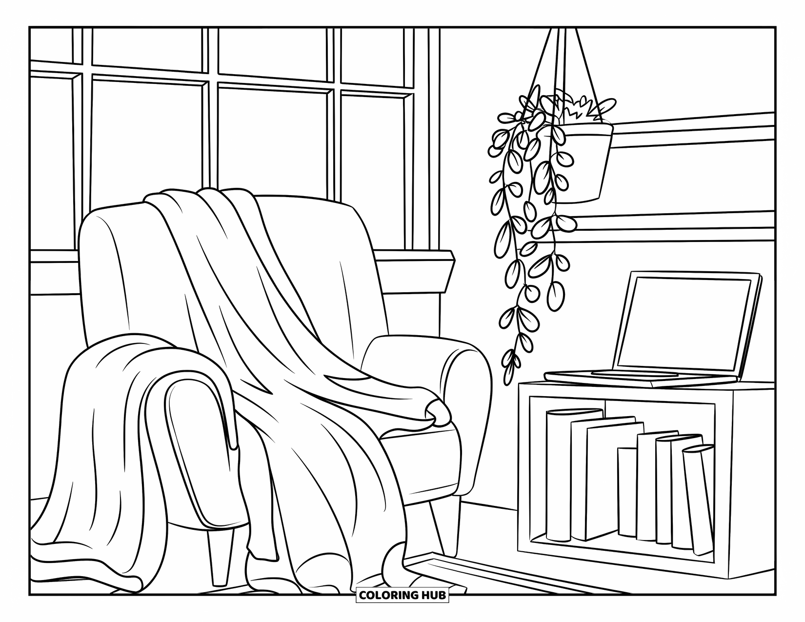 Laptop Coloring Page for Kids: A cozy chair, laptop, and blanket make up this chill zone with a hanging pothos