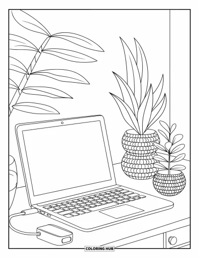 Coloriage de laptop pour enfants : Un bureau avec laptop et plantes forme un espace de travail calme et organisé