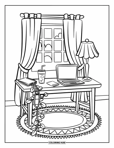 Coloriage de laptop pour enfants : Table d'étude avec boisson, plante et laptop près d'une fenêtre avec rideaux