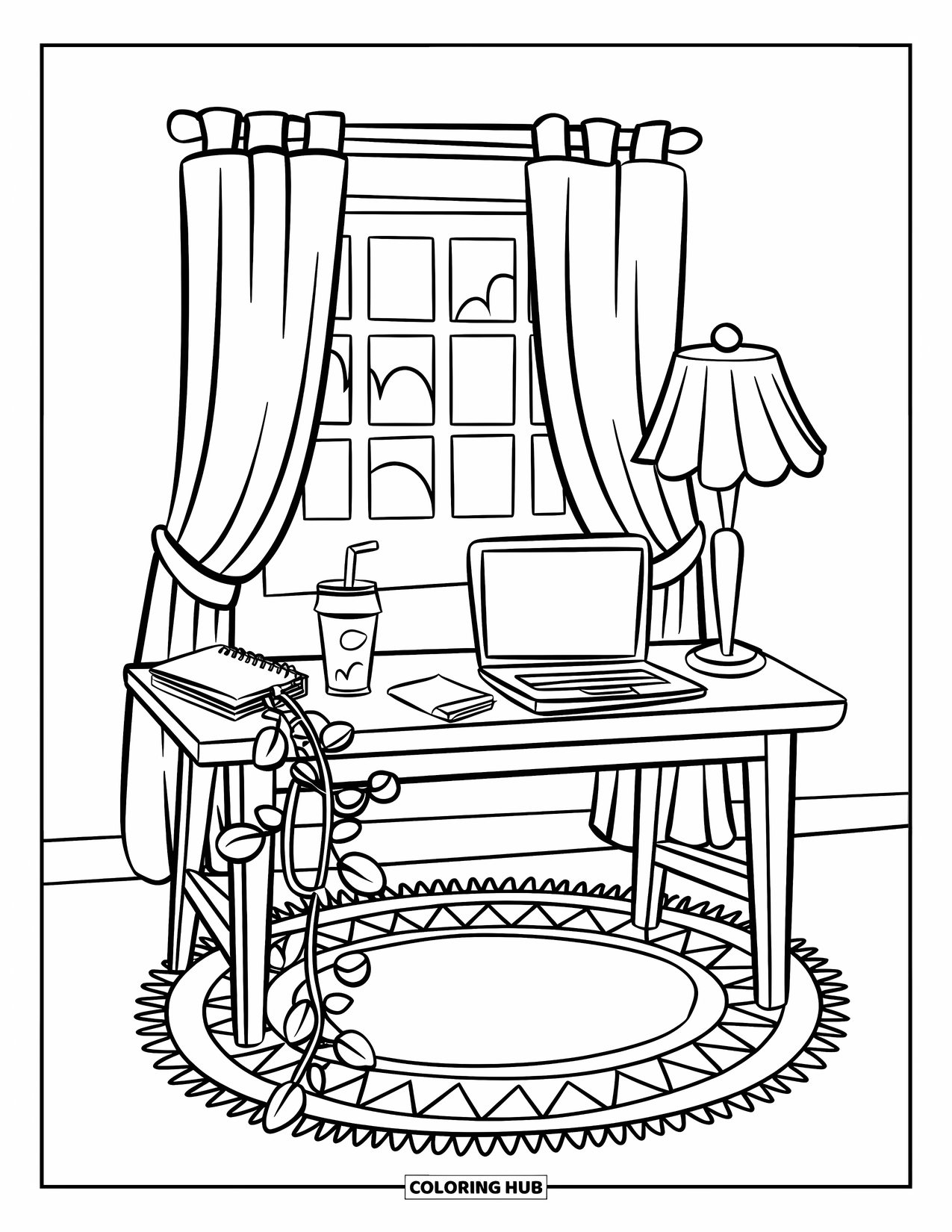 Laptop Coloring Page for Kids: A study table with drink, plant, and laptop beside a curtained window