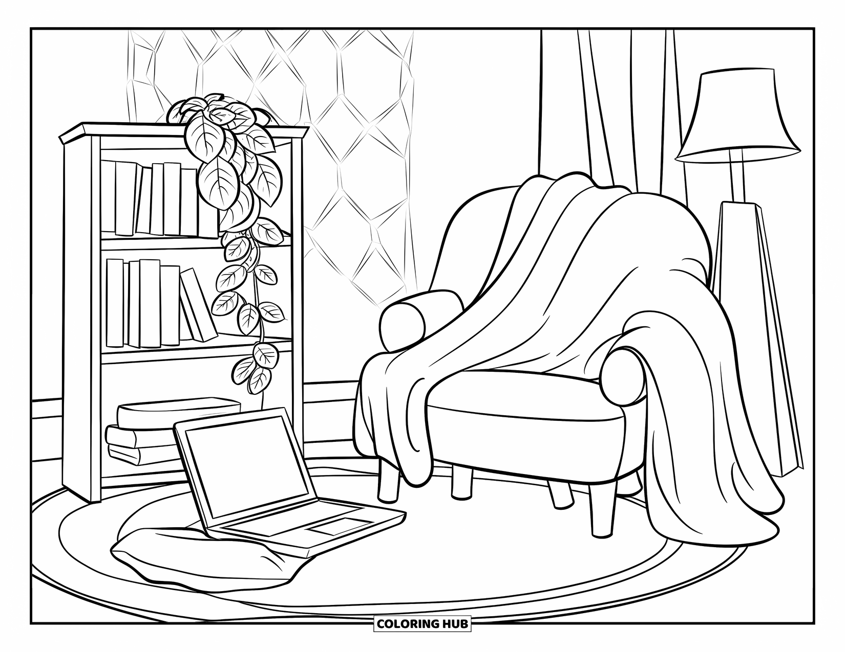 Laptop Coloring Page for Kids: A teen's relaxing corner with a rug, blanket, and pothos plant on a shelf