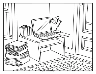 Coloriage de laptop pour enfants : Petit bureau avec laptop, livres et lampe dans un coin douillet