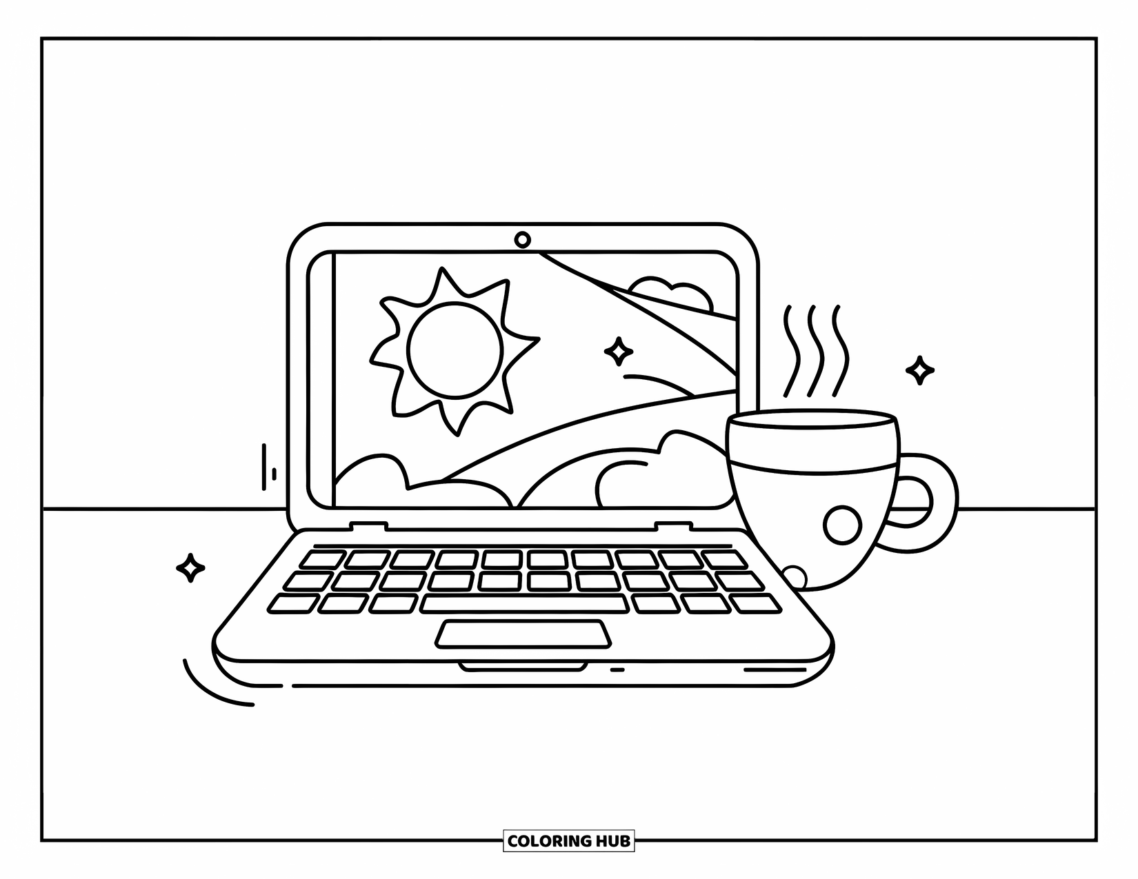 Laptop Coloring Page for Kids: Cartoon sun glows on a laptop screen with a warm drink beside it