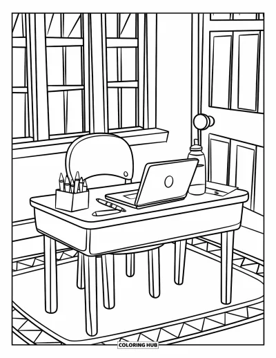 Coloriage de laptop pour enfants : Bureau de classe avec laptop, crayons et gourde près d'une fenêtre