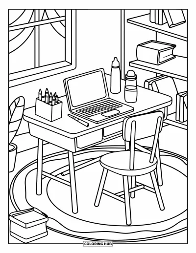 Coloriage de laptop pour enfants : Bureau de classe avec laptop, crayons, gourde et jouets sur l'étagère