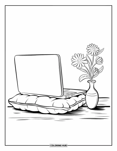 Coloriage de laptop pour enfants : Laptop fermé et vase posés sur un coussin doux sur une surface en bois