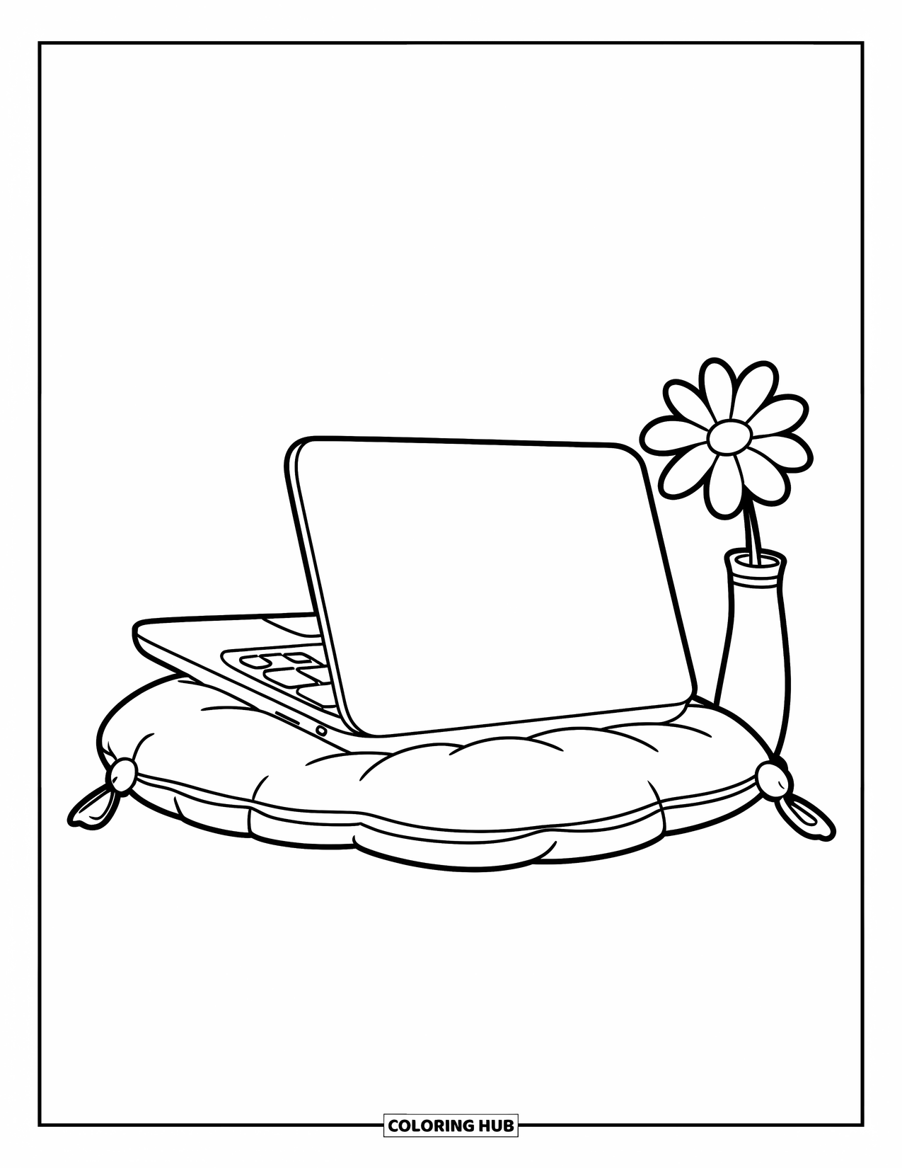 Laptop Coloring Page for Kids: Closed laptop rests on a cushion beside a tiny flower vase