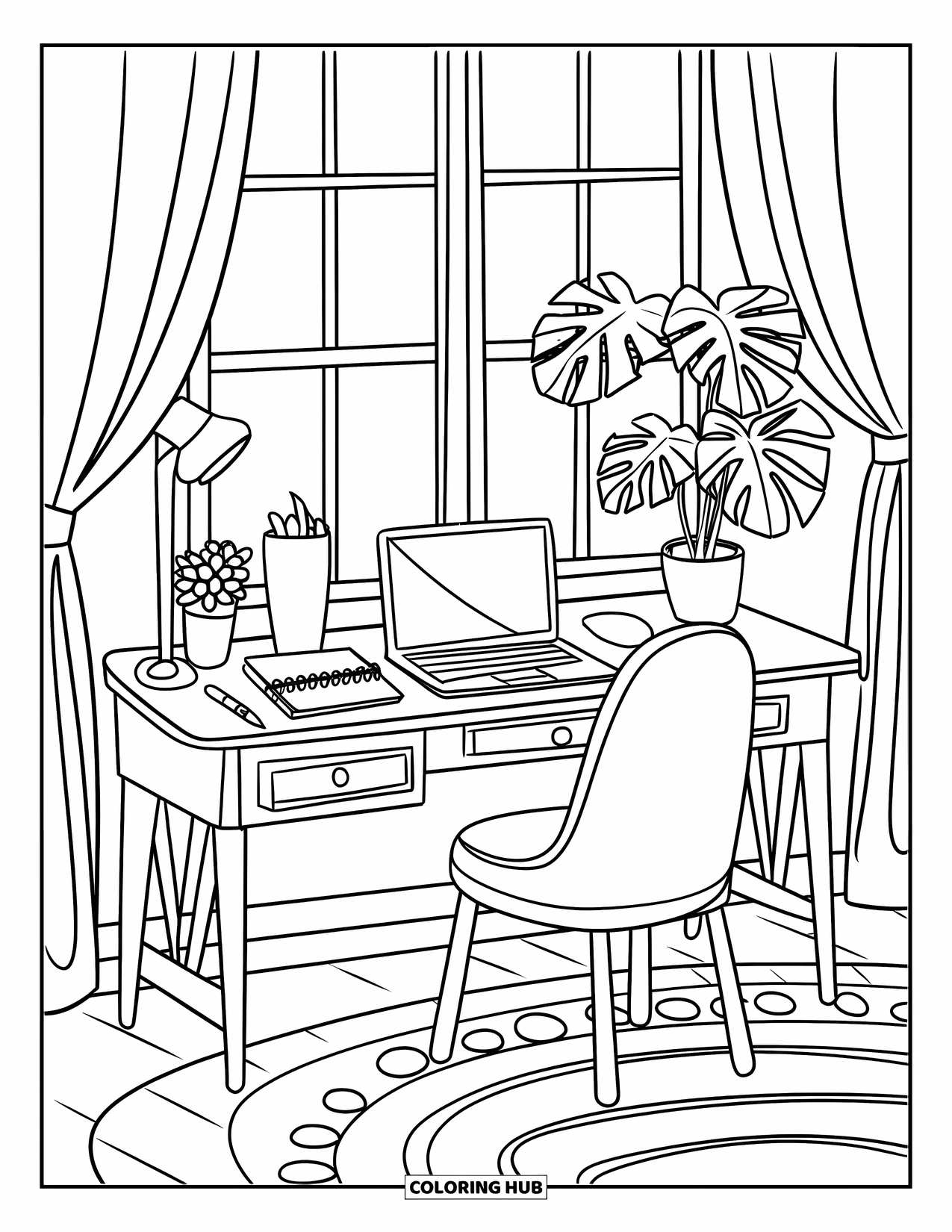 Laptop Coloring Page for Kids: Cozy bedroom desk with planner, laptop, and a potted monstera plant