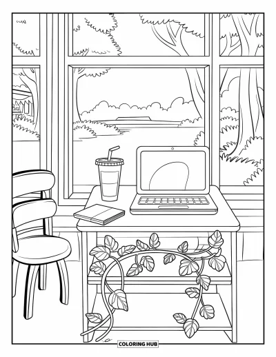 Coloriage de laptop pour enfants : Bureau près d'une fenêtre avec laptop, cahier, boisson et vue apaisante