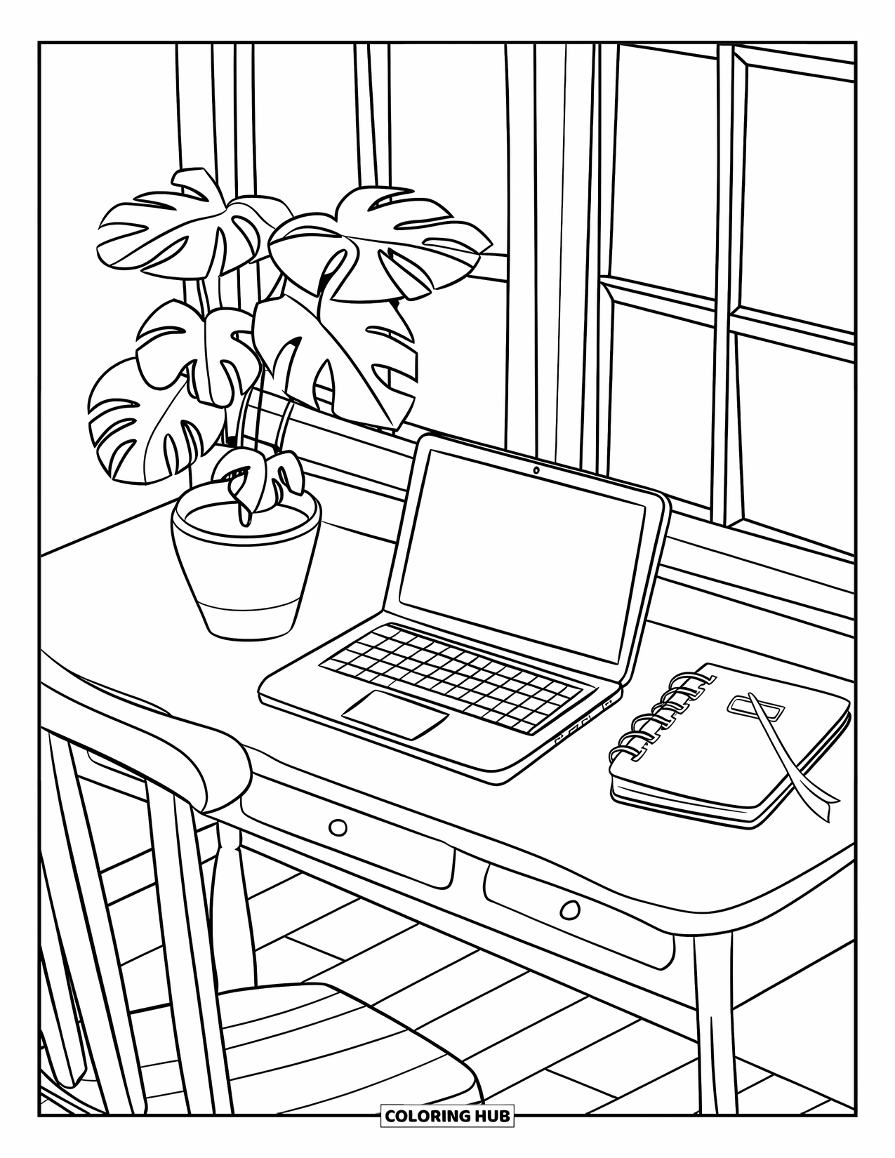 Laptop Coloring Page for Kids: Desk setup near a window with laptop, planner, and leafy plant
