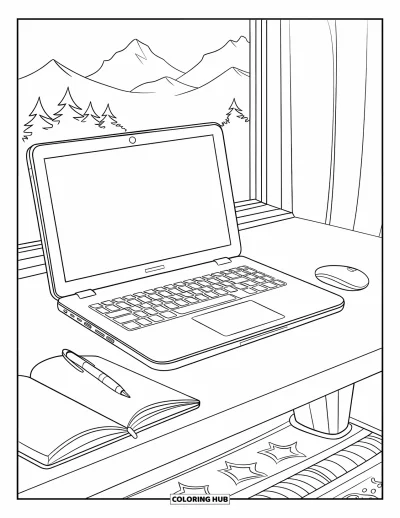 Coloriage de laptop pour enfants : Bureau avec laptop et tapis, plus une vue sur la fenêtre avec paysage