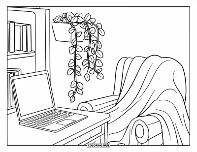 Coloriage de laptop pour enfants : Bureau avec laptop et couverture près d'une bibliothèque et d'une plante suspendue