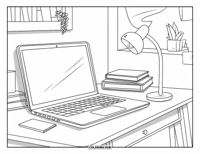 Coloriage de laptop pour enfants : Bureau avec laptop, livres, plante et lampe contre un mur décoré