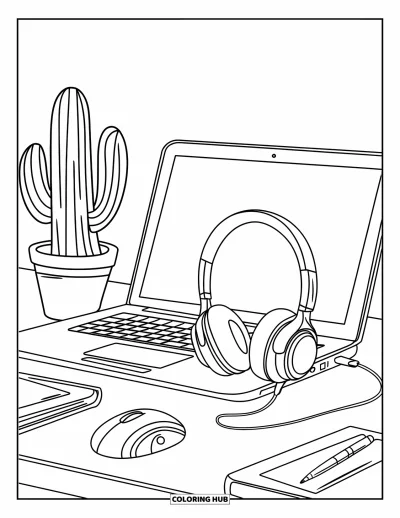 Coloriage de laptop pour enfants : Bureau avec laptop, casque audio, cactus et souris à proximité