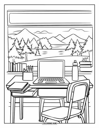 Coloriage de laptop pour enfants : Laptop et crayons sur un bureau près d'une fenêtre avec montagnes et tableau blanc