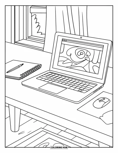 Coloriage de laptop pour enfants : Laptop et cahier posés soigneusement sur un tapis près d'une fenêtre