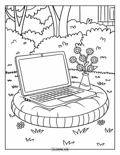 Coloriage de laptop pour enfants : Laptop et vase posés sur un coussin dans un jardin avec arbres et fleurs