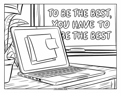 Coloriage de laptop pour enfants : Laptop près d'une plante et d'un tableau avec une citation motivante
