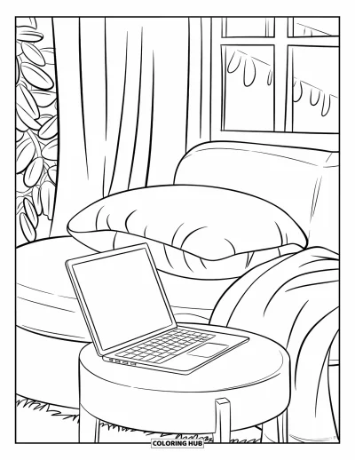 Coloriage de laptop pour enfants : Laptop près d'une couverture et d'un coussin dans une pièce douillette avec rideaux et plante
