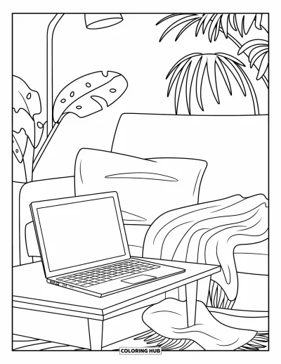 Coloriage de laptop pour enfants : Laptop sur une table basse avec coussin, couverture et lampe à proximité