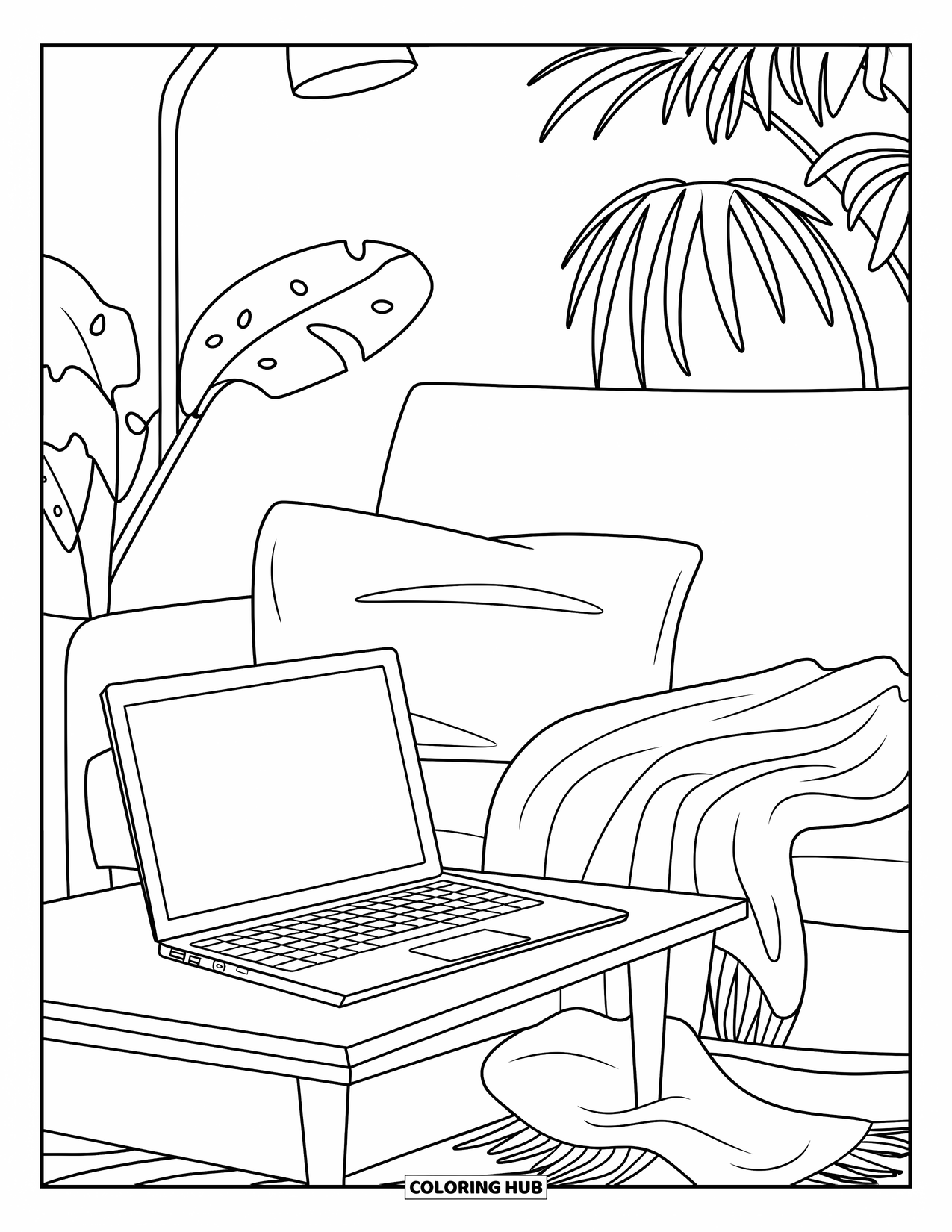 Laptop Coloring Page for Kids: Laptop on a low table with a pillow, blanket, and nearby lamp