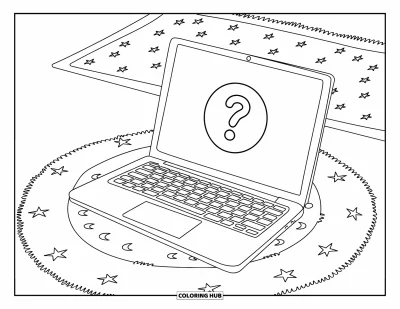 Coloriage de laptop pour enfants : Laptop sur un tapis à motif étoilé avec un point d'interrogation sur l'écran