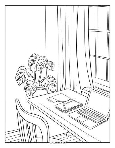 Coloriage de laptop pour enfants : Laptop, agenda et plante monstera près d'une fenêtre avec rideaux dans une pièce douillette