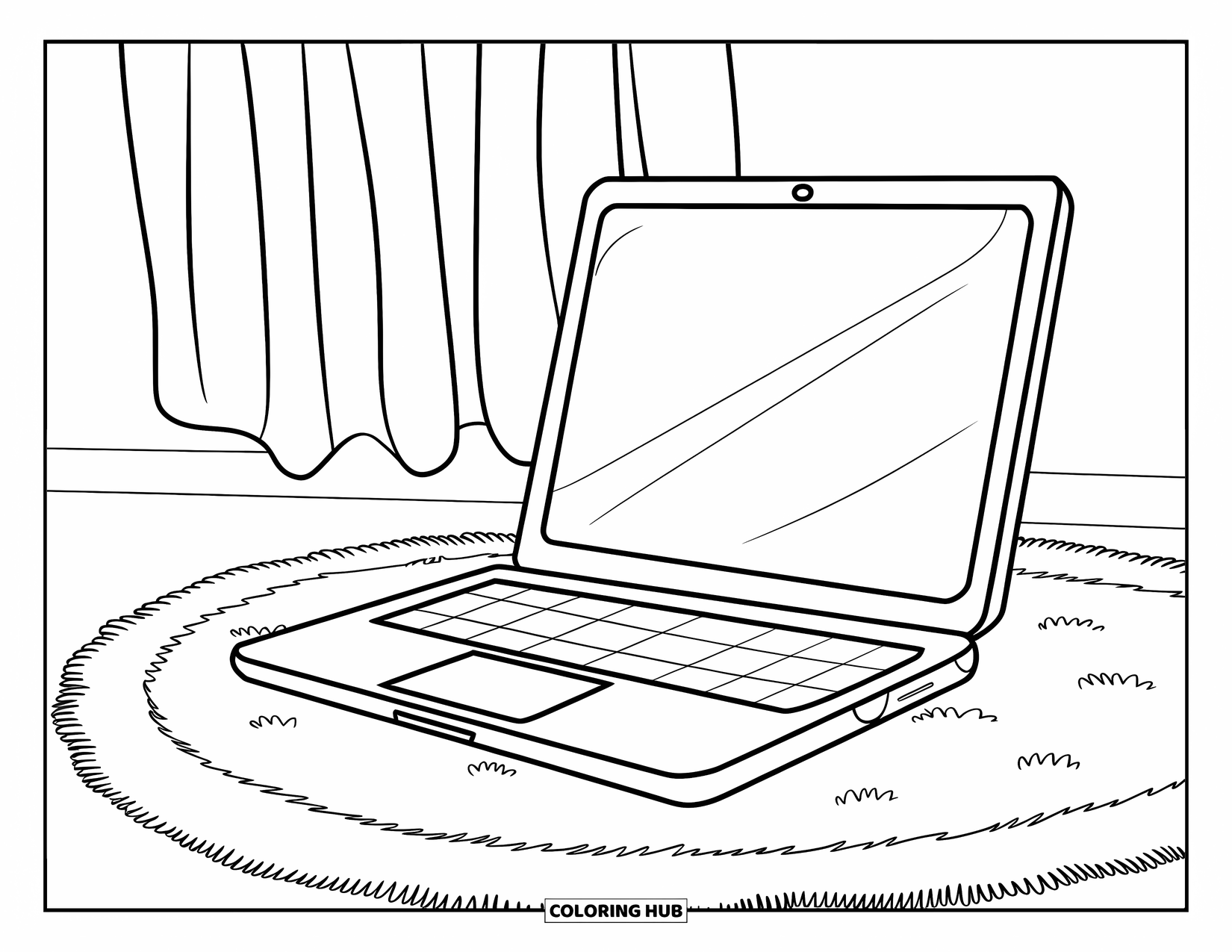 Laptop Coloring Page for Kids: Laptop rests on a fluffy rug in a simple preschool-friendly scene