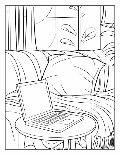 Coloriage de laptop pour enfants : Installation sur une table basse avec coussin, couverture et vue sur la fenêtre